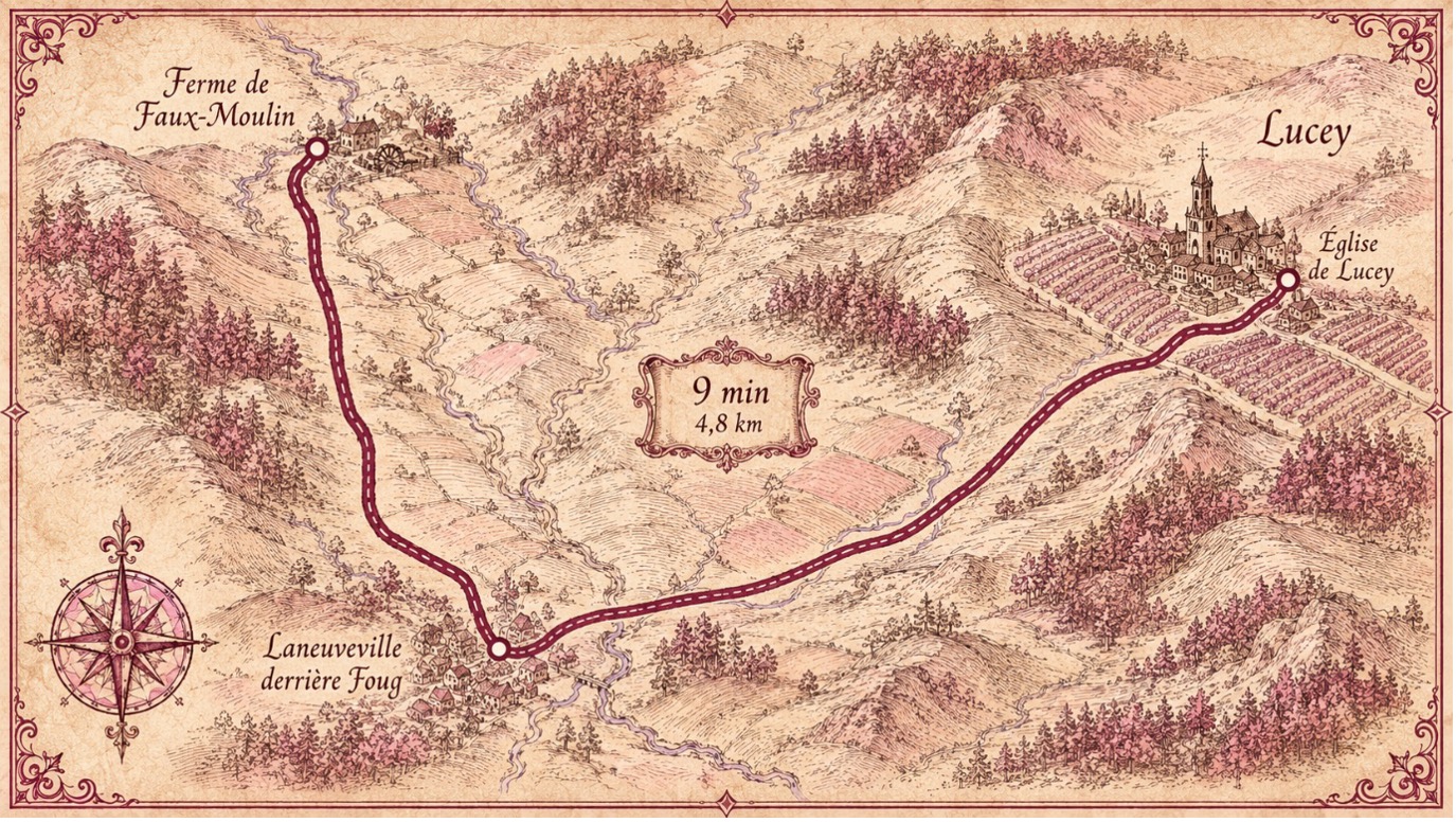 Itinéraire illustré de l’église Saint-Hilaire de Lucey à la ferme de Faux Moulin, 4,8 km, environ 9 min en voiture